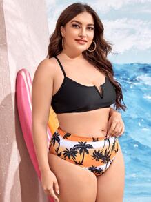 大码棕榈树印花 V 型钢圈比基尼套装夏季海滩 - 彩色 - 查看 3