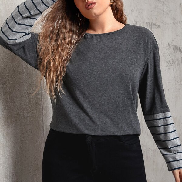 

Plus Striped Print Drop Shoulder Tee, Dark grey