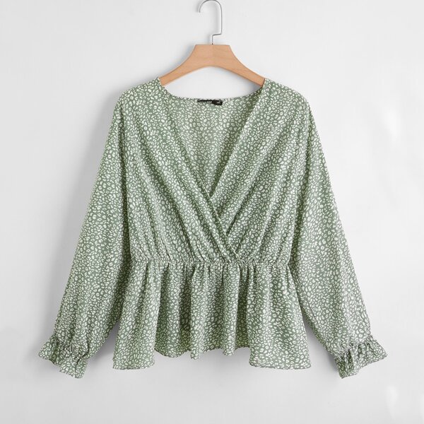 

Plus Flounce Sleeve Allover Print Peplum Blouse, Green