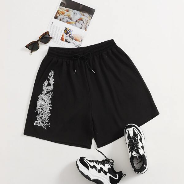 

Plus Chinese Dragon Graphic Shorts, Black