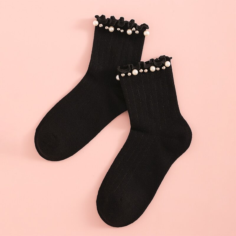 

Faux Pearl Decor Frill Trim Socks, Black