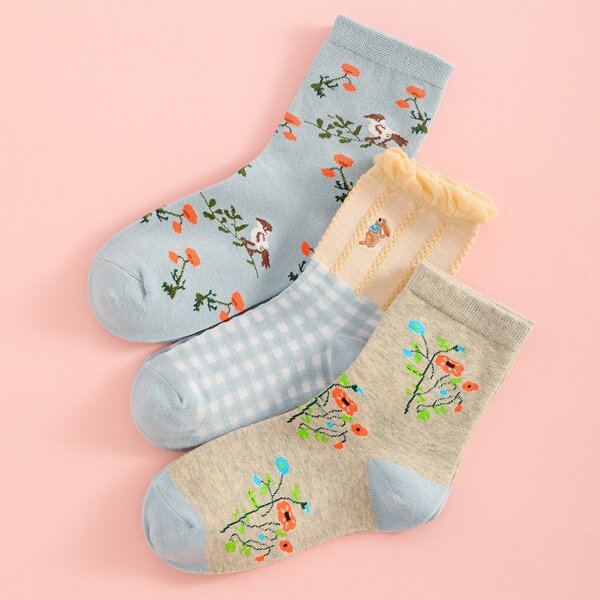 

3pairs Bird Pattern Socks, Multicolor