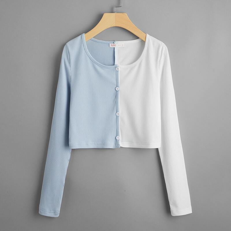

Colorblock Button Front Ribbed Tee, Blue and white