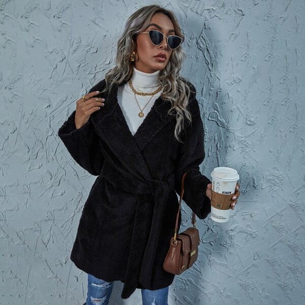 

Solid Belted Hooded Teddy Coat, Black