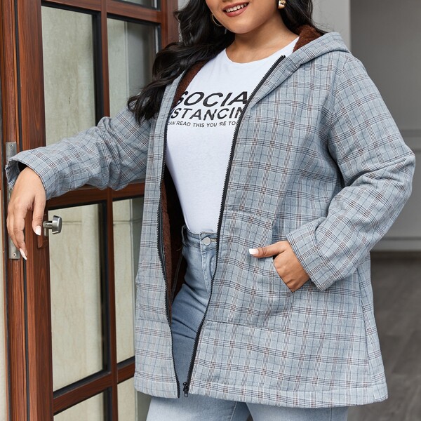 

Plus Plaid Zip Up Hooded Coat, Grey