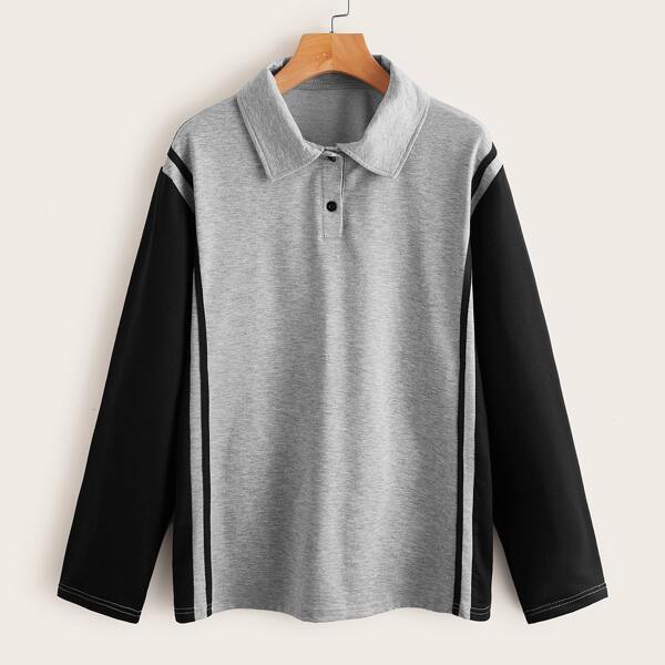 

Colorblock Long Sleeve Polo Tee, Grey
