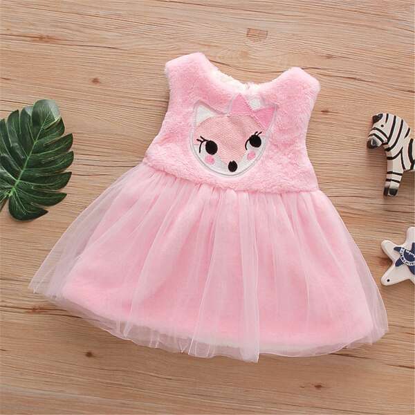 

Toddler Girls Cartoon Patched Mesh Overlay Faux Fur Dress, Pink