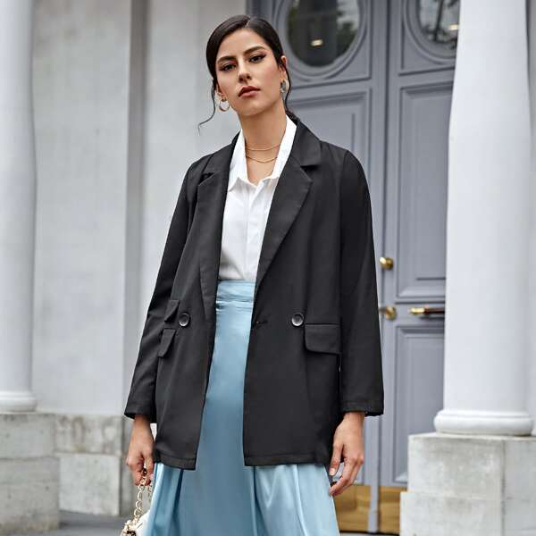 

Double Breasted Lapel Collar Blazer, Black