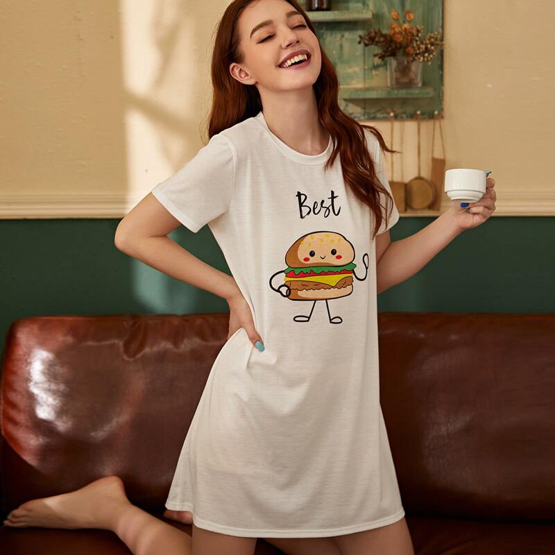 

Letter & Cartoon Graphic Night Dress, White