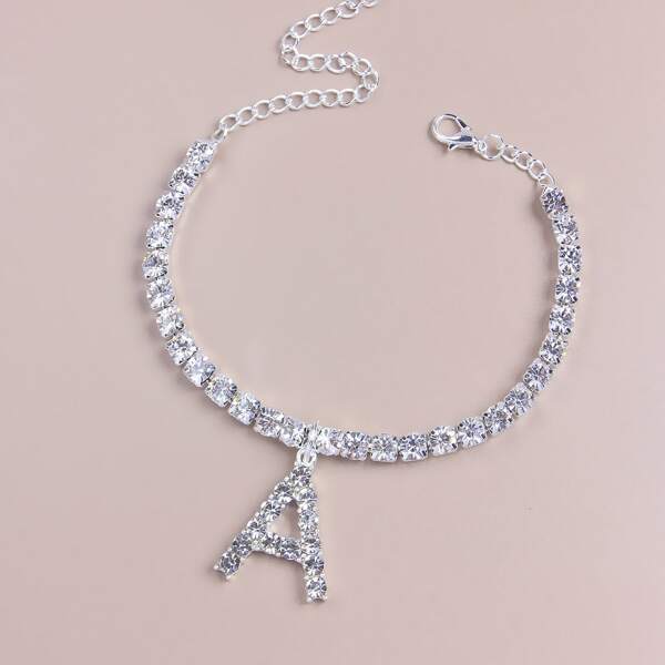 

Rhinestone Letter Charm Anklet, Silver