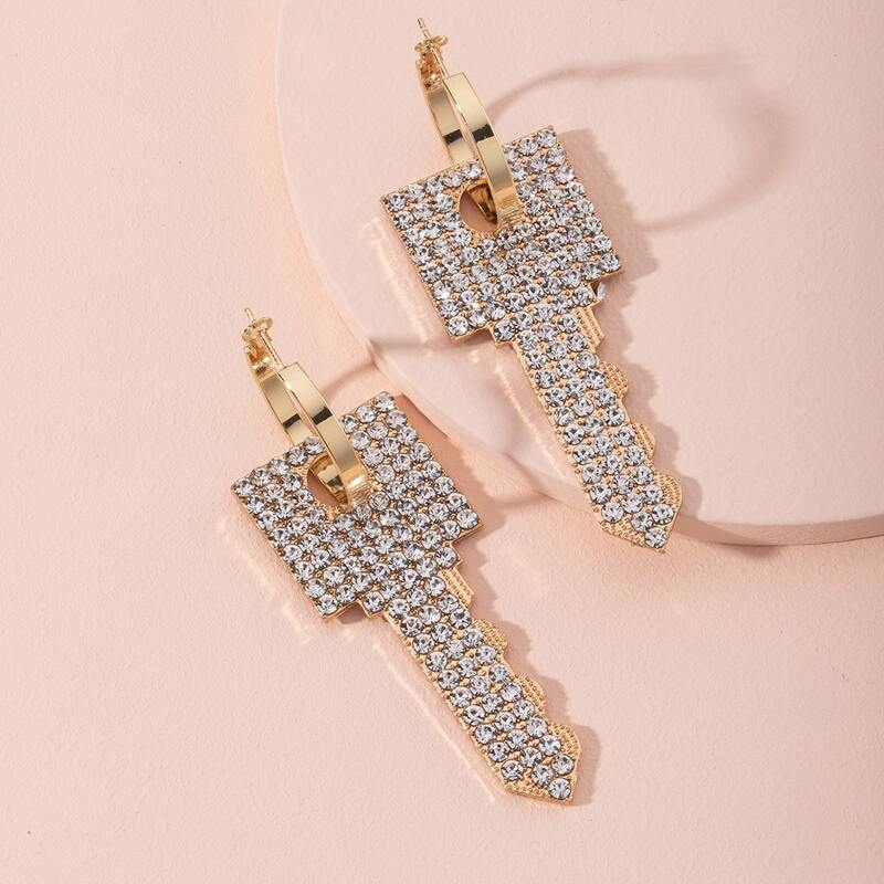 

Rhinestone Key Drop Earrings, Gold