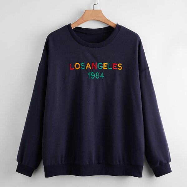 

Plus Letter Embroidery Drop Shoulder Sweatshirt, Navy blue
