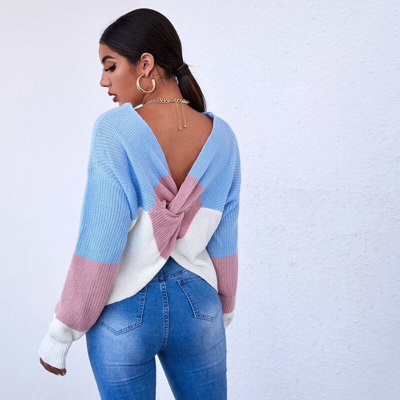 

Drop Shoulder Twist Back Colorblock Sweater, Multicolor