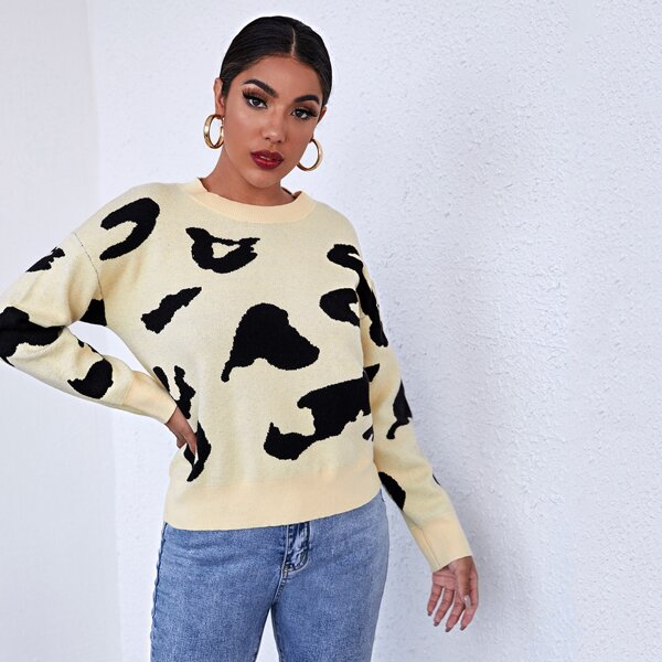 

Drop Shoulder Leopard Sweater, Beige