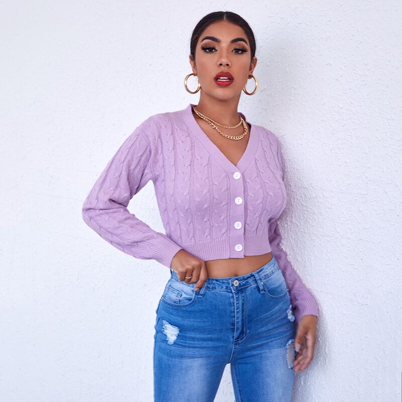 

Button Placket Cable Knit Crop Cardigan, Pastel lilac purple