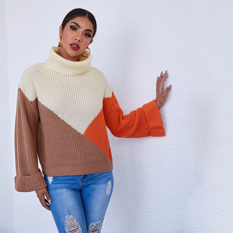 

Funnel Neck Drop Shoulder Colorblock Sweater, Multicolor