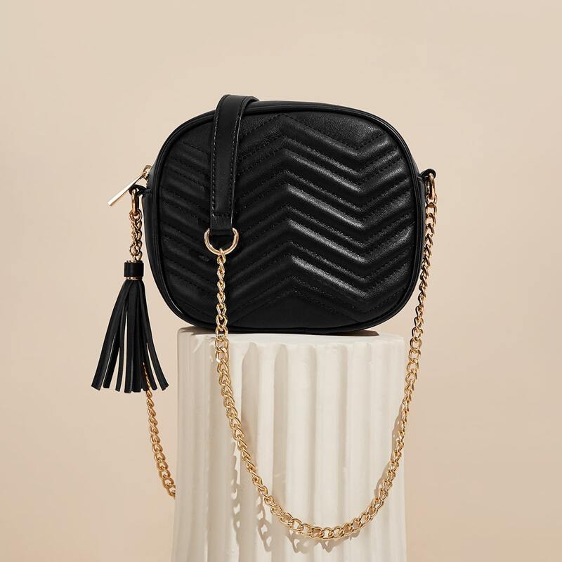 

Tassel Decor Chevron Chain Crossbody Bag, Black