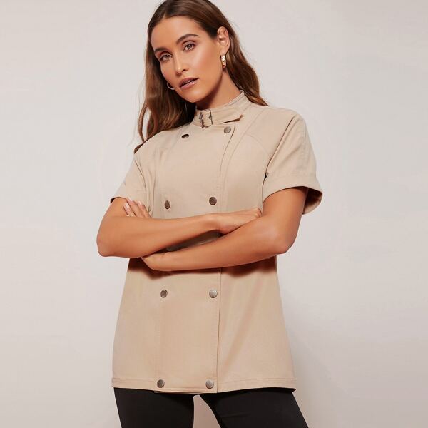 

Buckle Strap Neck Double Breasted Coat, Khaki
