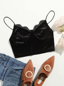 SHEIN Lace Trim Velvet Crop Cami Top - Black - View 1