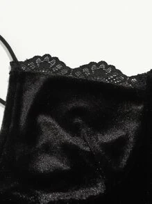SHEIN Lace Trim Velvet Crop Cami Top - Black - View 4