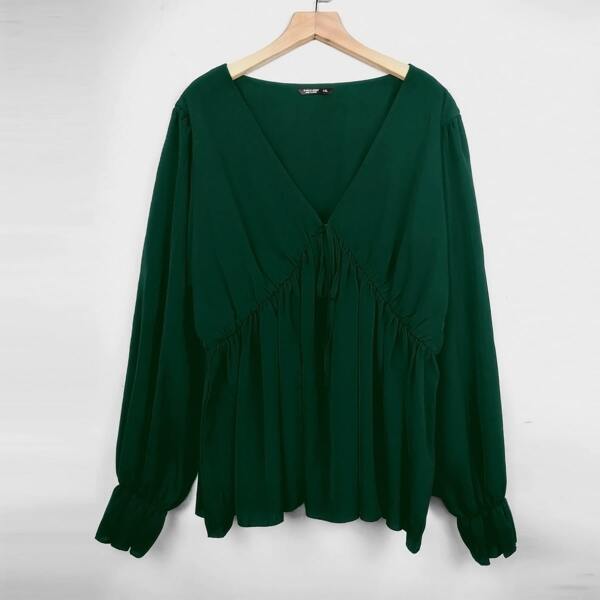 

Plus Solid V Neck Peplum Blouse, Dark green