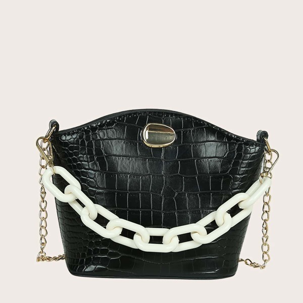 

Mini Croc Embossed Chain Bucket Bag, Black