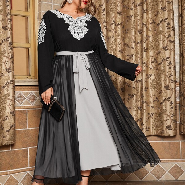 

Plus Self Tie Appliques Beaded Dress, Black