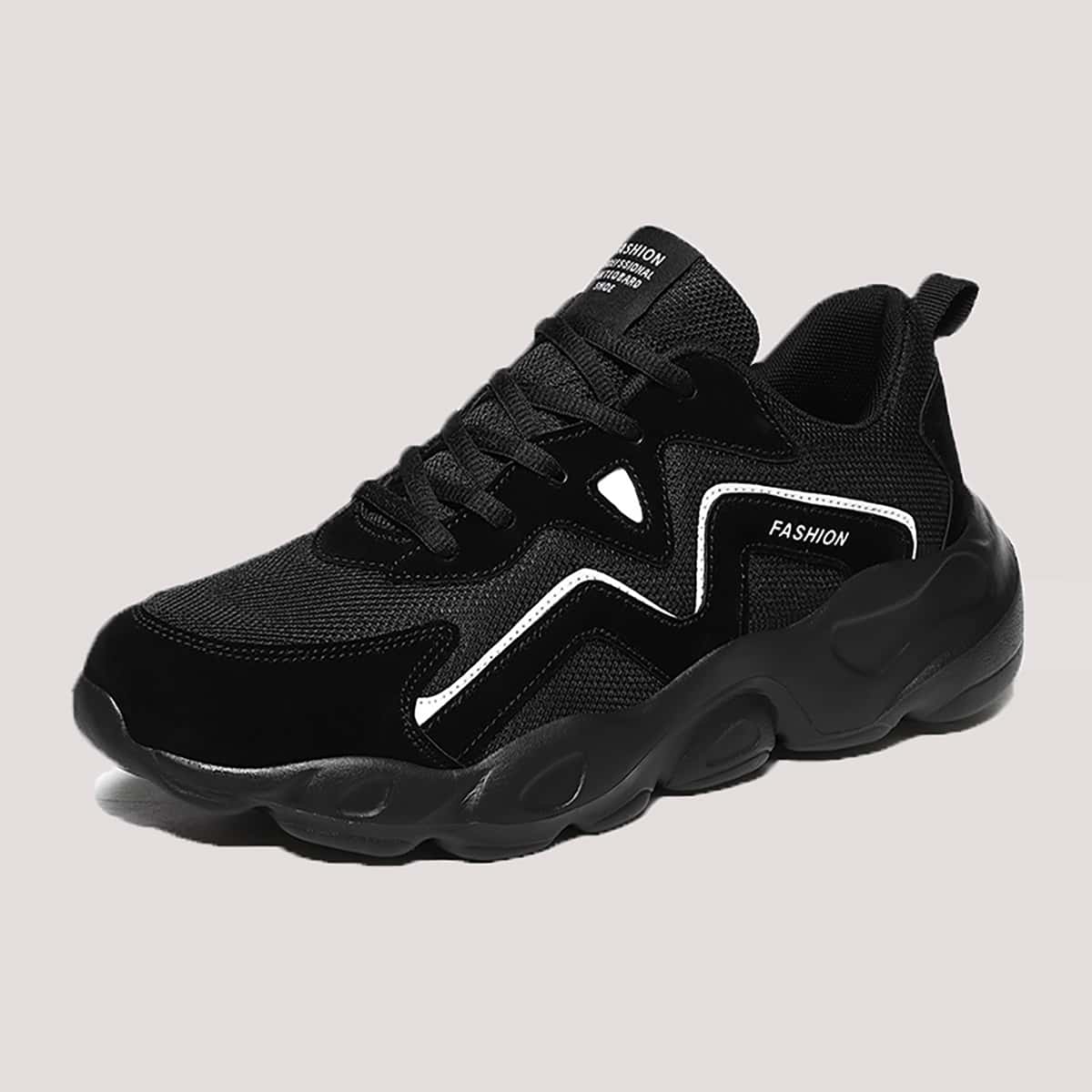 

Guys Lace-up Front Mesh Panel Chunky Sneakers, Black