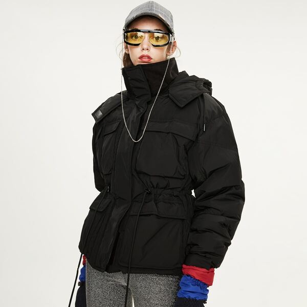 

Zip Up Hooded Slit Hem Down Coat, Black