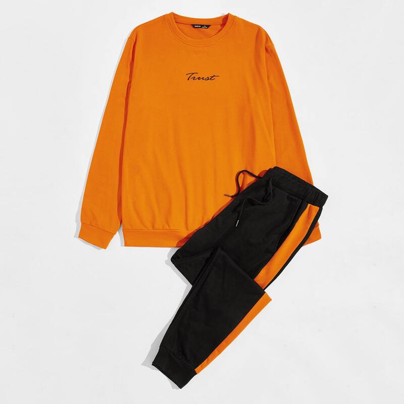 

Guys Letter Embroidered Pullover & Contrast Side Seam Joggers Set, Multicolor