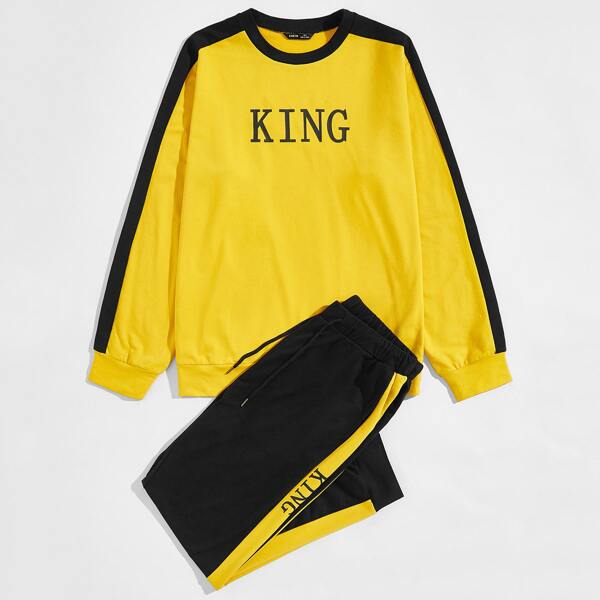 

Men Contrast Side Seam Letter Graphic Pullover & Joggers Set, Multicolor