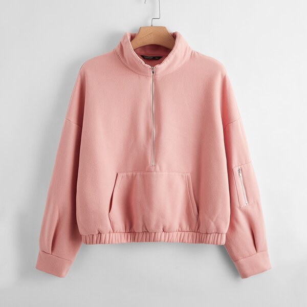 

Plus Zipper Front Kangaroo Pocket Sweatshirt, Dusty pink