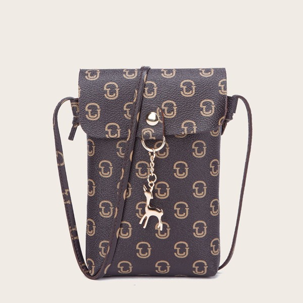 

Metal Deer Decor Letter Graphic Phone Bag, Coffee brown