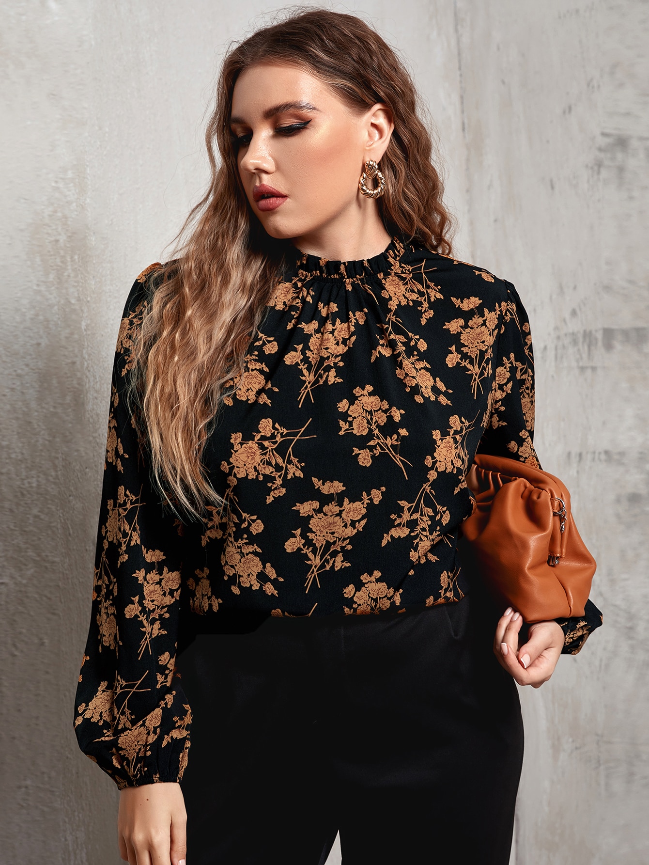 Plus Frilled Neck Lantern Sleeve Allover Floral Top thumbnail