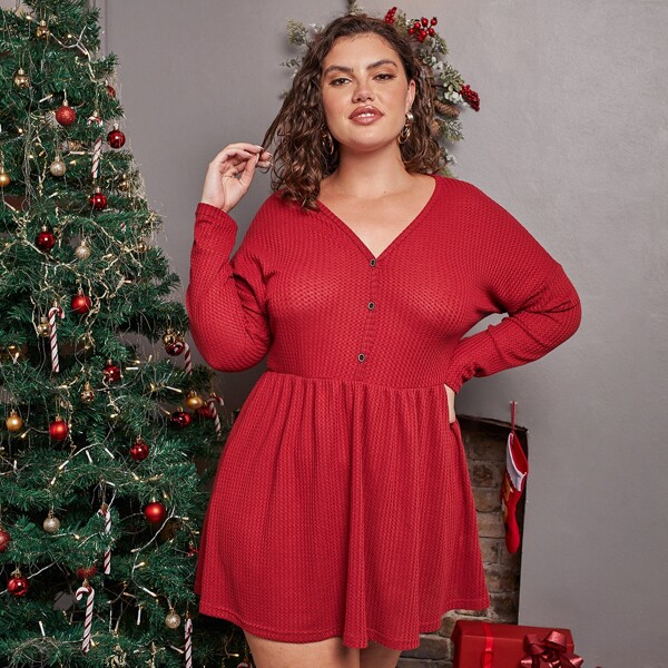 

Plus Oversized Drop Shoulder Waffle Knit Babydoll Tee, Red