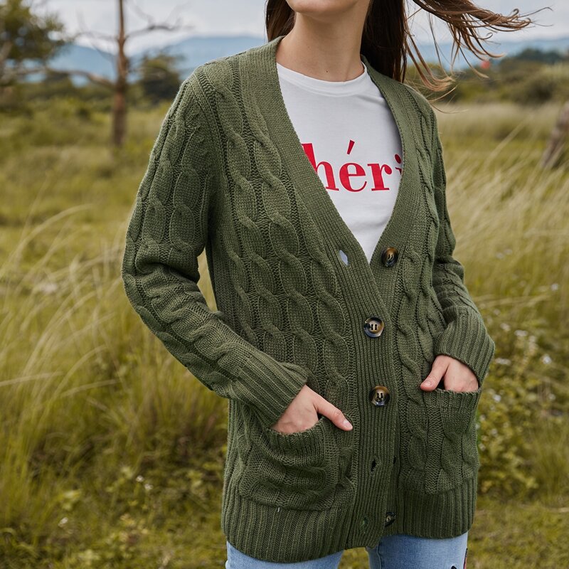 

Solid Cable Knit Button Front Cardigan, Army green