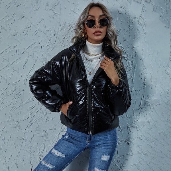 

Solid Zip Up Patent Jacket, Black
