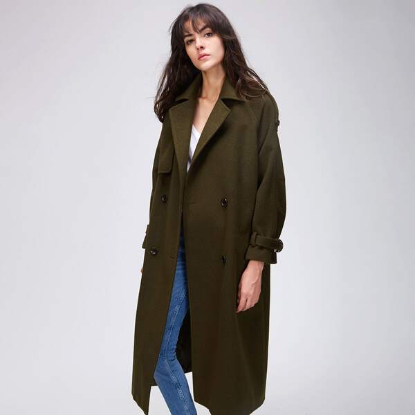 

Double Button Buckle Belted Overcoat, Army green