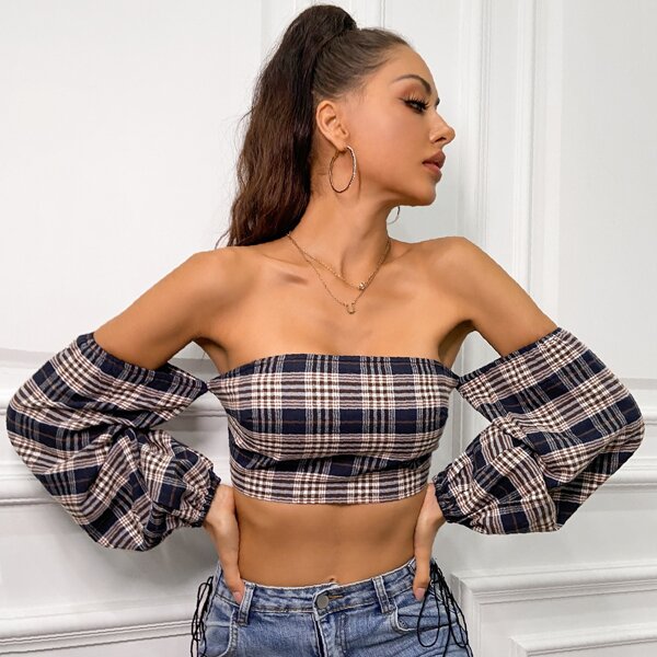 

Tie Back Plaid Bardot Top, Multicolor