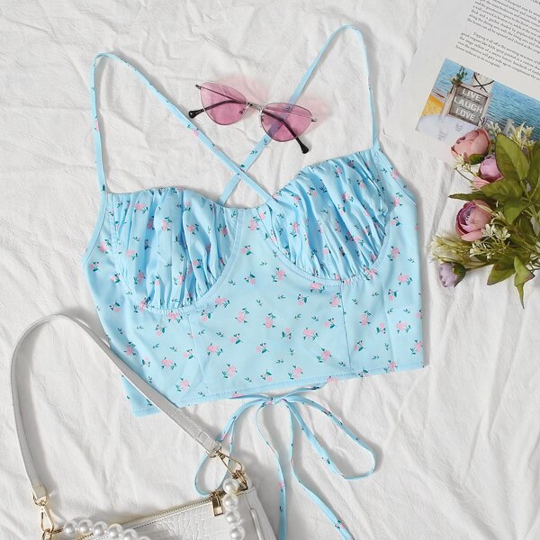 

Plus Lace Up Back Ruched Bust Ditsy Floral Cami Top, Pastel baby blue