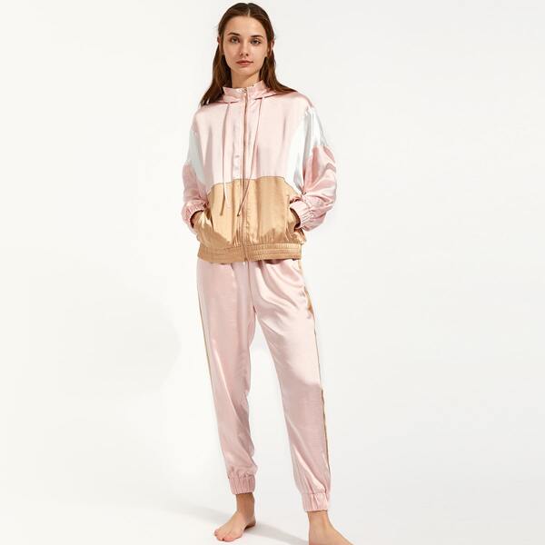

Colorblock Drawstring Hooded Jacket & Pants PJ Set, Multicolor