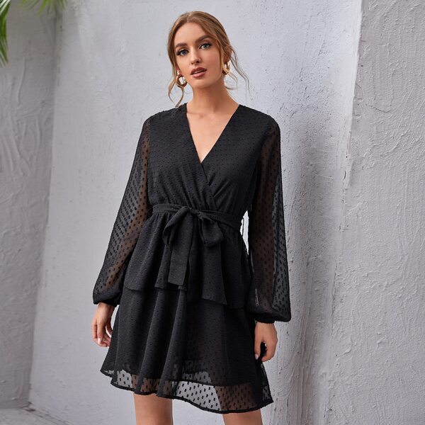 

Swiss Dot Bishop Sleeve Belted A-line Dress, Black