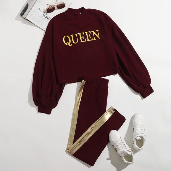 

Letter Graphic Lantern Sleeve Top & Leggings Set, Maroon