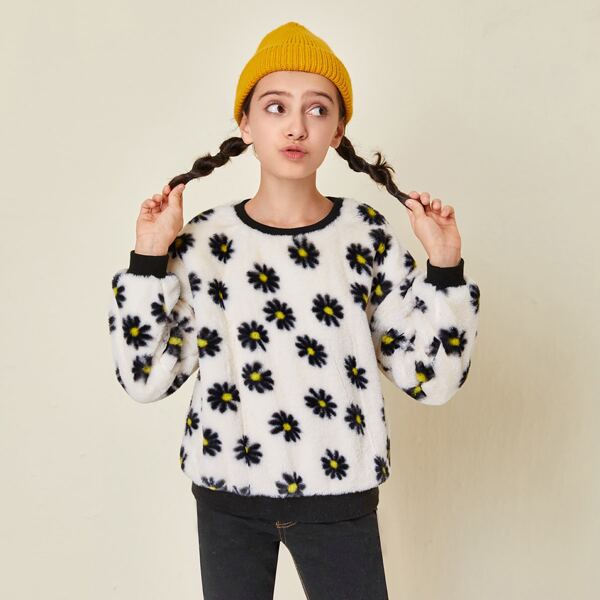

Girls Allover Floral Teddy Pullover, White
