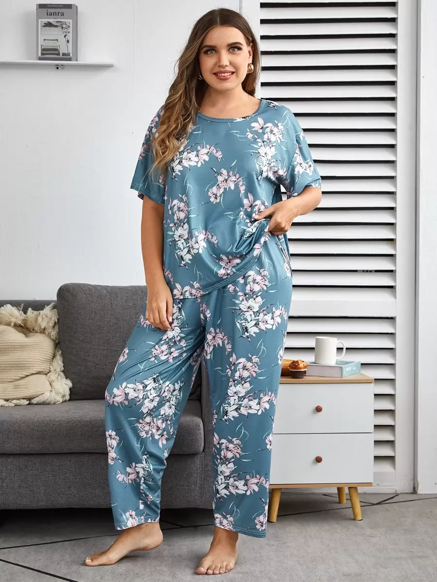 Plus Floral Print Pyjama Set - Dusty Blue - View 1