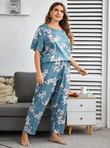 Plus Floral Print Pyjama Set - Dusty Blue - View 3