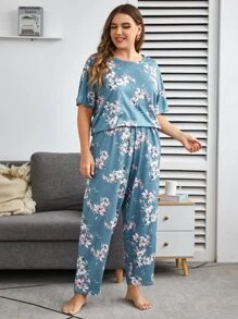 Plus Floral Print Pyjama Set - Dusty Blue - View 4