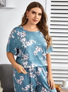 Plus Floral Print Pyjama Set - Dusty Blue - View 5