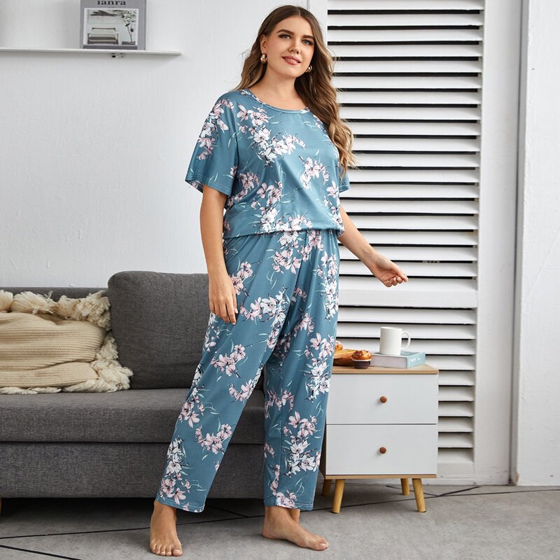

Plus Floral Print Pajama Set, Dusty blue