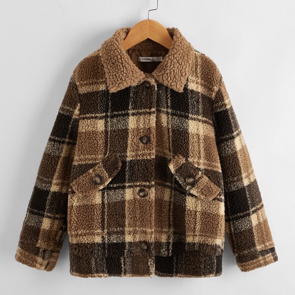 

Boys Button Front Plaid Teddy Jacket, Multicolor
